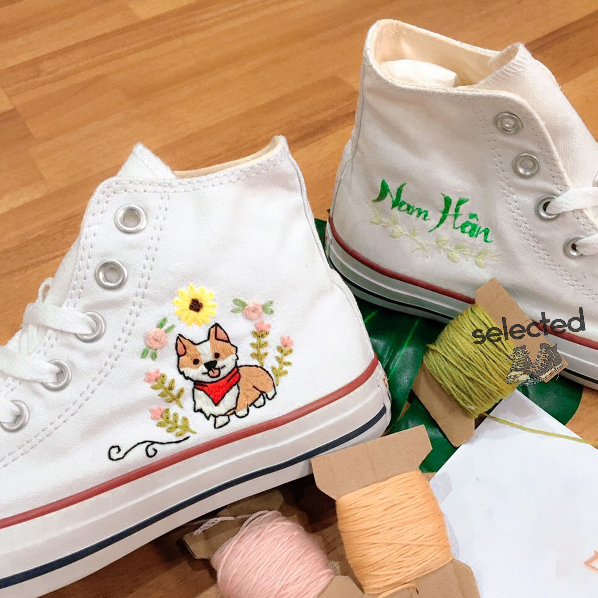 Customized Pet Shoes with Embroidered Converse and Flower Embroidery