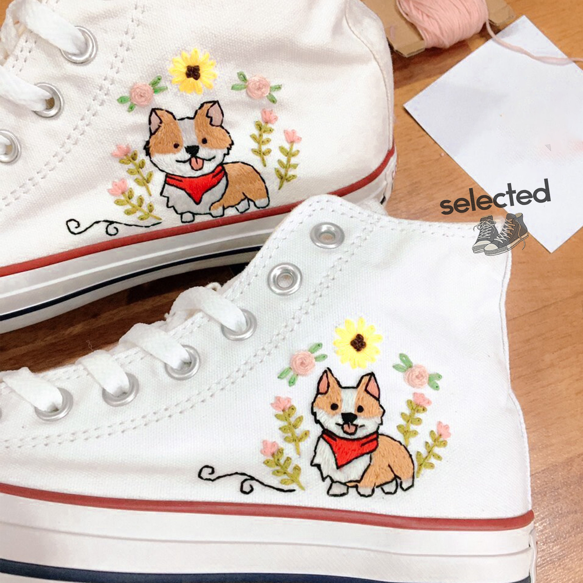 Customized Pet Shoes with Embroidered Converse and Flower Embroidery