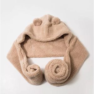 Cute Bear Ear Plush Hat with Scarf and Gloves