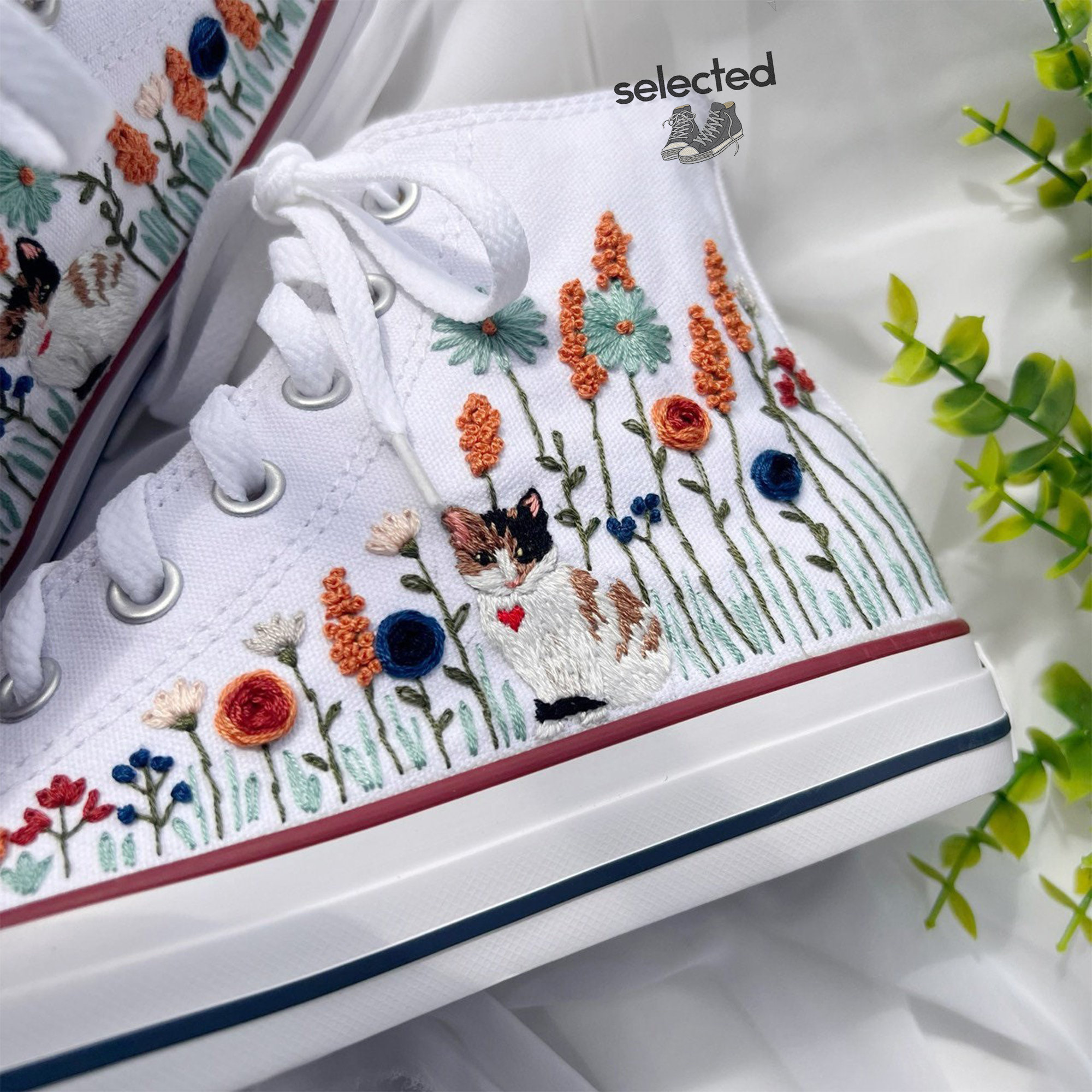 Cute Cat and Flower Embroidered Converse Shoes