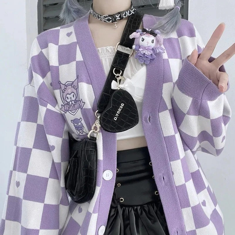 Cute Checkered Embroidered Cardigan - Kawaii Y2K Sweater