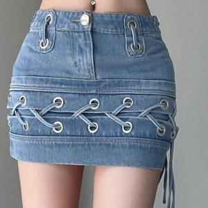 Cute Y2K Eyelet Cross Bandage A-Line Jeans Skirt