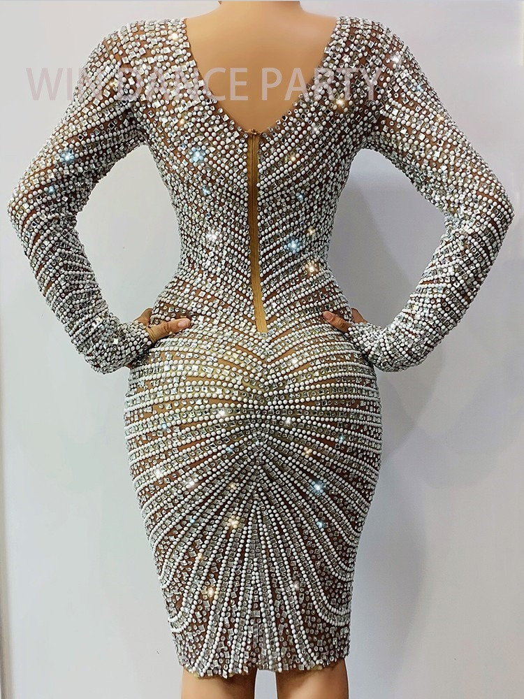 Elegant Beige Beaded Diamond Women's Party Dress - One Size Spandex Gown