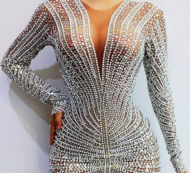 Elegant Beige Beaded Diamond Women's Party Dress - One Size Spandex Gown