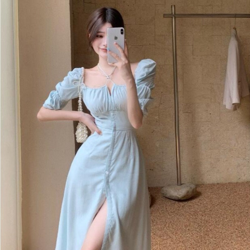Elegant Blue Bridesmaid Dress for Y2K-Themed Weddings