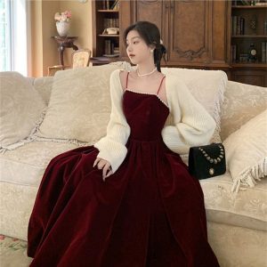 Elegant Claret Red Velvet Long Dress - Perfect for Special Occasions