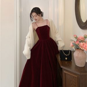 Elegant Claret Red Velvet Long Dress - Perfect for Special Occasions