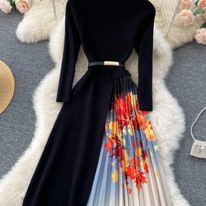 Elegant French Splice Gradient Pleated A-line Knitted Midi Dress