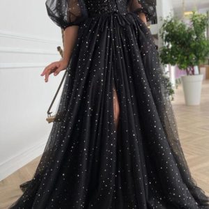 Elegant Glitter Puff Tulle Sleeve Dress - Y2K Clothing