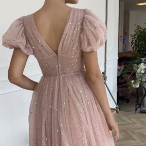 Elegant Glitter Puff Tulle Sleeve Dress - Y2K Clothing