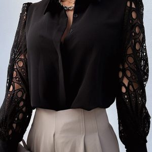 Elegant Hollow Out Button Blouse | Long Sleeve Mesh Design