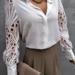 Elegant Hollow Out Button Blouse | Long Sleeve Mesh Design