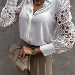 Elegant Hollow Out Button Blouse | Long Sleeve Mesh Design