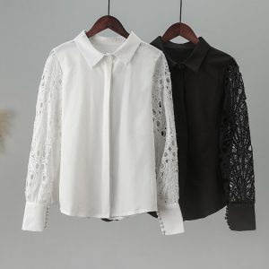 Elegant Hollow Out Button Blouse | Long Sleeve Mesh Design