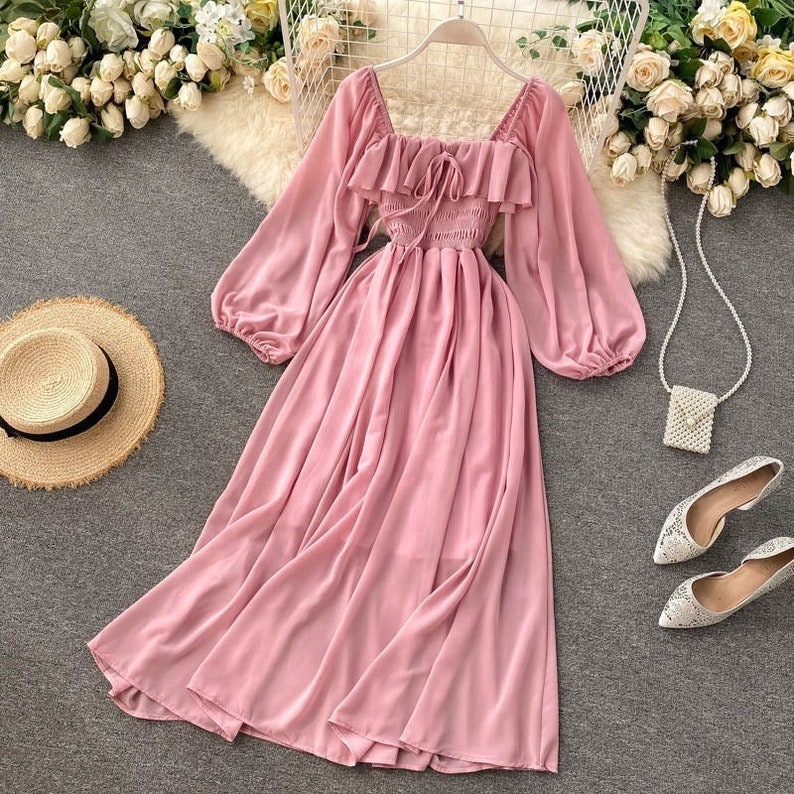 Elegant Pink Chiffon Off Shoulder Dress - Y2K Clothing