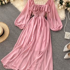 Elegant Pink Chiffon Off Shoulder Dress - Y2K Clothing