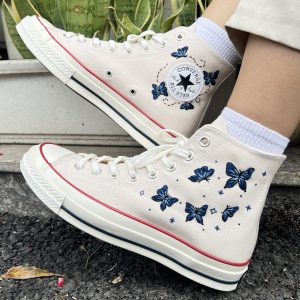 Embroidered Blue Butterfly Converse High Tops