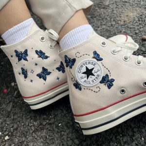 Embroidered Blue Butterfly Converse High Tops