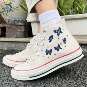 Embroidered Blue Butterfly Converse High Tops