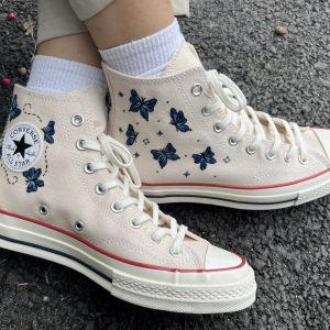 Embroidered Blue Butterfly Converse High Tops