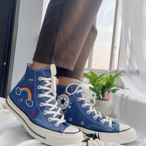 Embroidered Blue Converse High Tops - Y2K Clothing