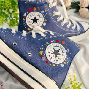 Embroidered Blue Converse High Tops - Y2K Clothing