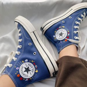 Embroidered Blue Converse High Tops - Y2K Clothing