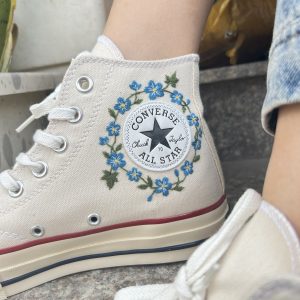 Embroidered Blue Flower Converse High Tops