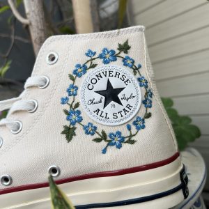 Embroidered Blue Flower Converse High Tops