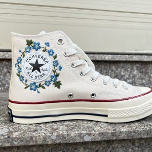 Embroidered Blue Flower Converse High Tops