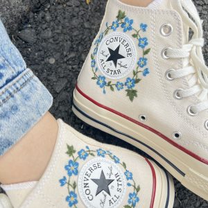 Embroidered Blue Flower Converse High Tops