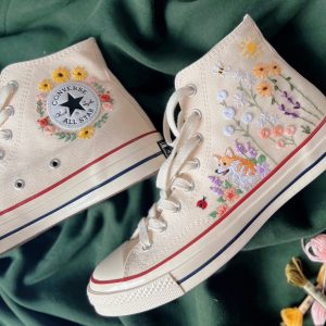 Embroidered Converse High Tops - Butterfly and Sunflower Garden