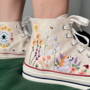 Embroidered Converse High Tops - Butterfly and Sunflower Garden