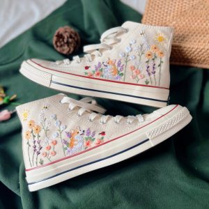 Embroidered Converse High Tops - Butterfly and Sunflower Garden