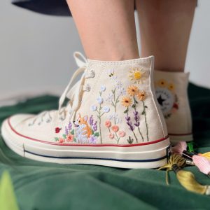 Embroidered Converse High Tops - Butterfly and Sunflower Garden