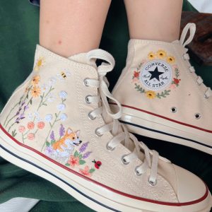 Embroidered Converse High Tops - Butterfly and Sunflower Garden