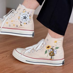 Embroidered Converse High Tops with Bees and Flowers