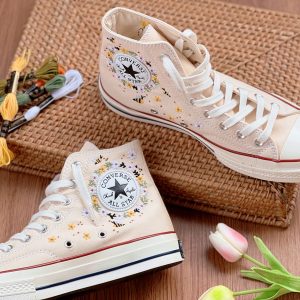 Embroidered Converse High Tops with Bees and Flowers