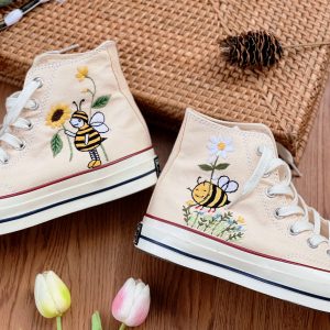 Embroidered Converse High Tops with Bees and Flowers