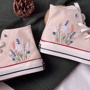 Embroidered Converse High Tops with Chrysanthemum and Lavender Design