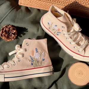 Embroidered Converse High Tops with Chrysanthemum and Lavender Design