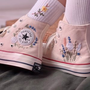 Embroidered Converse High Tops with Chrysanthemum and Lavender Design