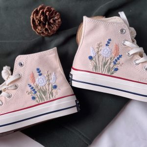 Embroidered Converse High Tops with Chrysanthemum and Lavender Design