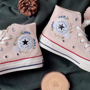 Embroidered Converse High Tops with Chrysanthemum and Lavender Design