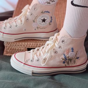 Embroidered Converse High Tops with Chrysanthemum and Lavender Design