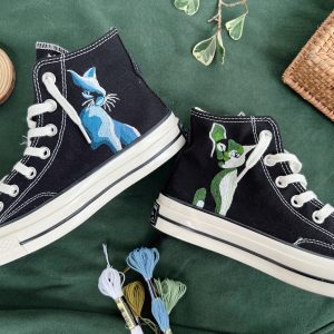 Embroidered Converse High Tops with Kawaii Cat Design