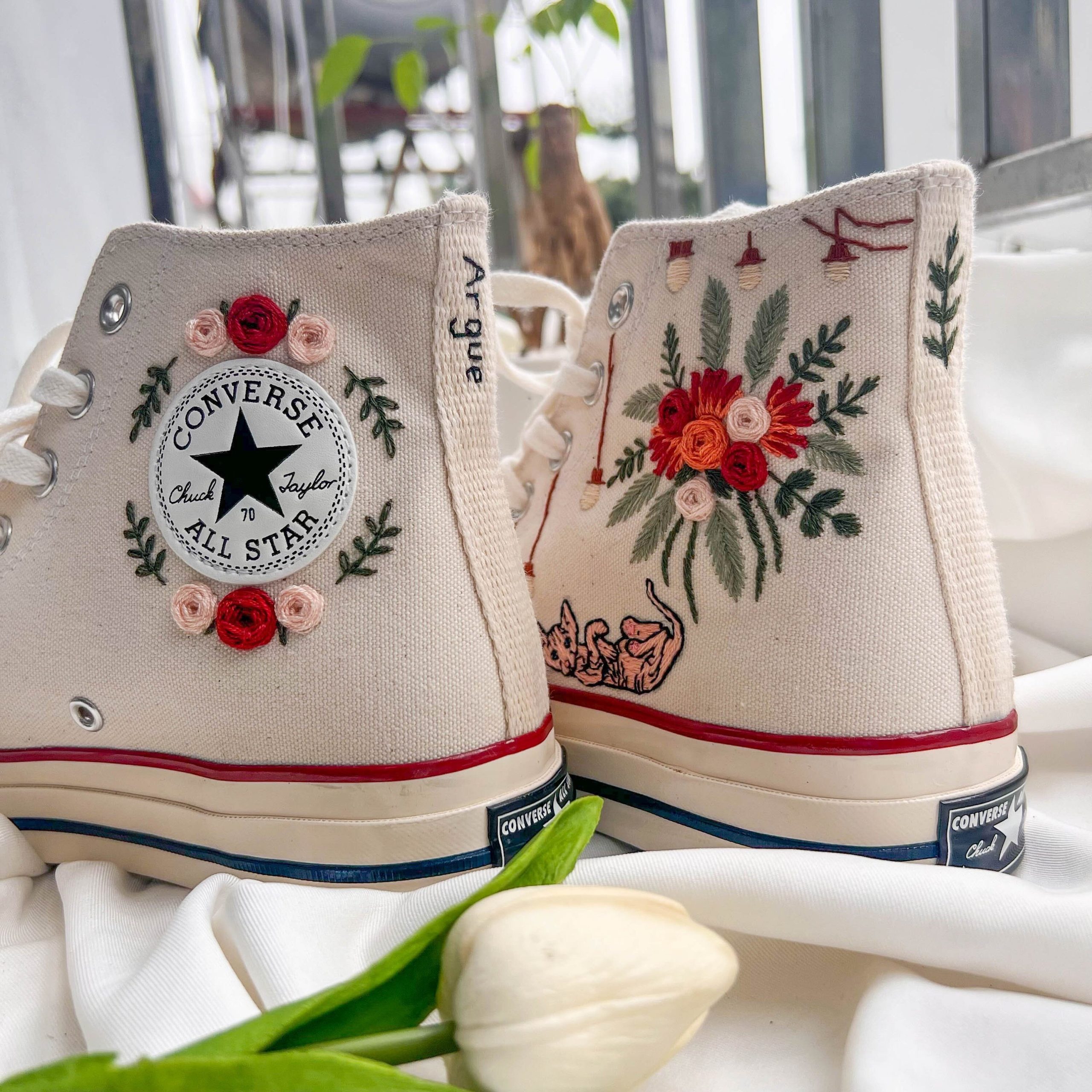 Embroidered Converse High Tops with Wedding Flowers and Cats