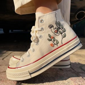 Embroidered Converse with Flowers and Leaves