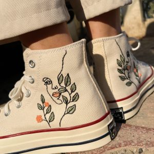 Embroidered Converse with Flowers and Leaves