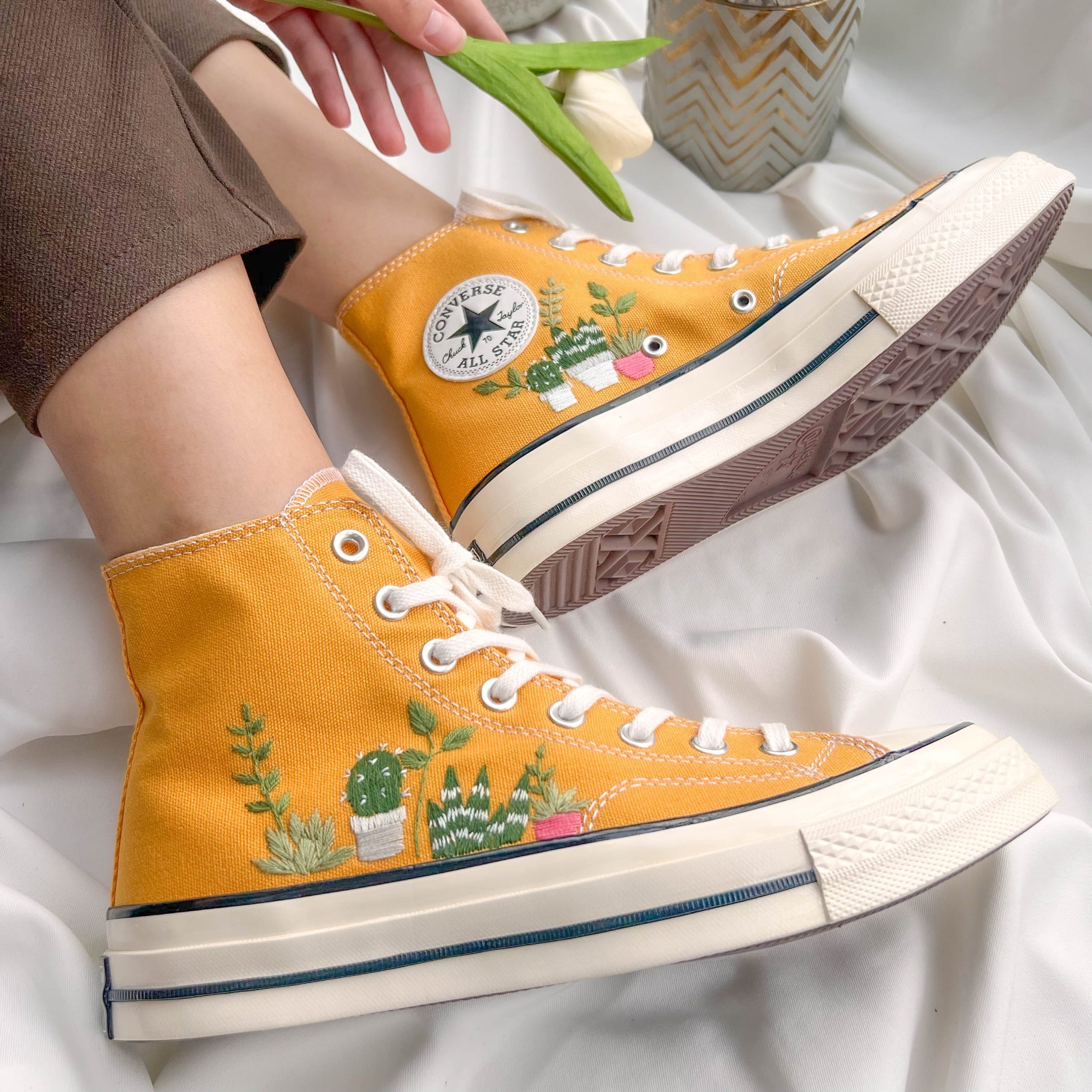 Embroidered Flower Converse High Tops with Custom Logo